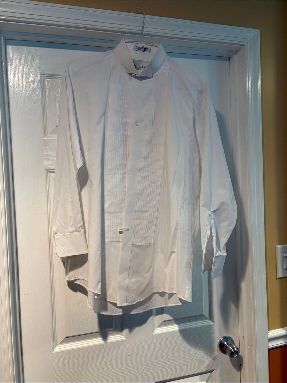 Men's White Pleated Front Dress Shirt with Stand Collar